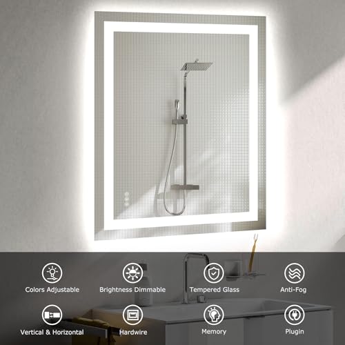 Hivone 30"X36" LED Bathroom Mirror with Lights, Anti-Fog, Dimmable, Backlit + Front Lit, Smart Bathroom Vanity Mirror, Memory Function, Shatterproof, Tempered Glass (Horizontal/Vertical) - size: 30"L x 36"W