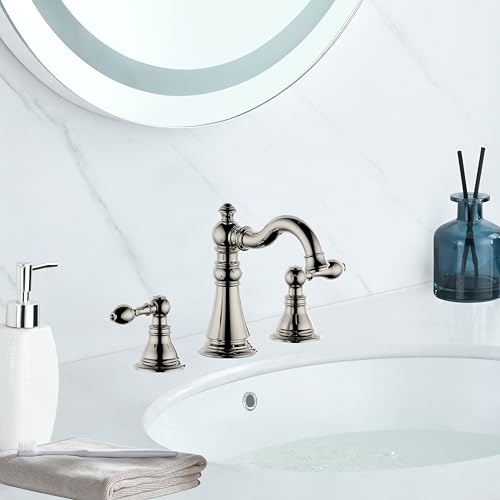 Polished Nickel 2-Handle 8 Inch Widespread Bathroom Faucet, 3 Holes | Derengge Traditional Widespread Sink Faucet, With Pop-Up Drain 360° Swivel Stainless Steel Spout,F-8805-PN - color: Polished Nickel