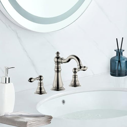 Polished Nickel 2-Handle 8 Inch Widespread Bathroom Faucet, 3 Holes | Derengge Traditional Widespread Sink Faucet, With Pop-Up Drain 360° Swivel Stainless Steel Spout,F-8805-PN - color: Polished Nickel