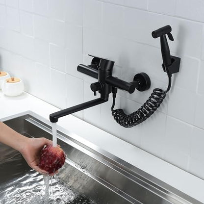 Kitchen Sink Wall Mount Faucet, Matte Black Commercial Faucet with Side Sprayer, Stainless Steel Mixer Tap, Unility Sink Faucet, 7.5-8.5 Inches Center, Spout Reach 9.2" - color: A Style, Matte Black