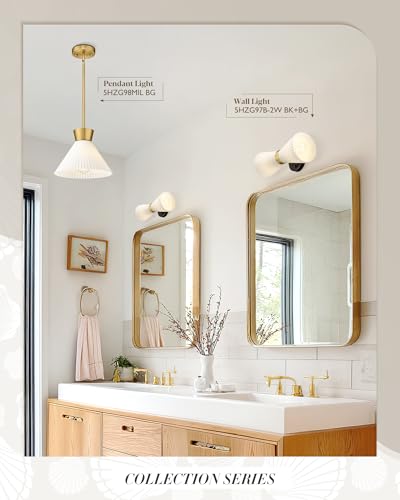 Wall Sconces Set of Two, HWH 14.3 Inch Black and Gold Bathroom Sconces with Frosted Milk White Striped Glass, Up Down Modern Wall Light fixtures for Living Room Bedroom, 5HZG97B-2W-2PK BK+BG - color: Black and Gold, size: 2-Light*2