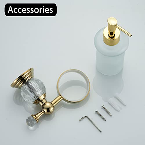 WOLIBEER Crystal Soap Dispenser Wall Mounted, Polished Gold Liquid Soap Holder Bathroom 8.5 OZ Glass Bottle with Pump Stainless Steel