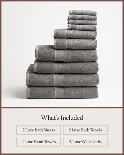 Cozy Earth Complete Luxe Bath Bundle - 60% Cotton 40% Viscose from Bamboo - Quick Dry & Plush Cotton Bath Towel Set - 4 Washcloths, 2 Hand Towels, 2 Bath Towels, 2 Bath Sheets - Charcoal - color: Charcoal