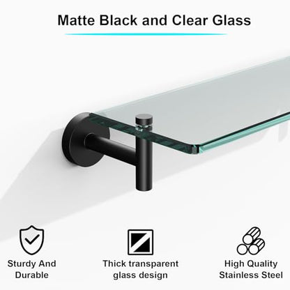Glass Shelves for Bathroom,16-Inch Matte Black Floating Bathroom Shelf Stainless Steel Tempered Glass Shelf Modern Shelves wall Mounted - color: Matte Black, size: 16"without railing