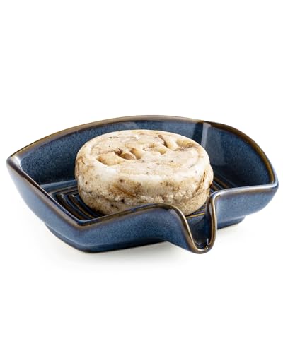 Zoeeker Ceramic Soap Dish, Self Draining Bar Soap Holder with Drain Spout | Rectangular Soap Saver with Drainage Sink Organizer Tray for Shower Bathroom Kitchen Bathtub Countertop, Sponge Holder, Blue - color: Blue, size: Rectangular