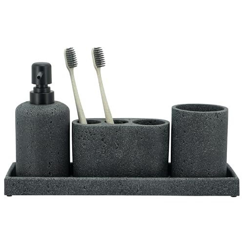 Black Bathroom Accessories Set 4 Pcs - Toothbrush Holder, Soap Dispenser, Vanity Tray, Bathroom Tumbler - Countertop Vanity Organizer - Bathroom Accessory Set- Toothbrush Holder Set, Stone Sets - color: Black, size: 4pcs