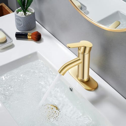 Bathroom Faucet 1 Hole, Brushed Gold Vanity Faucet,Single Handle | for 1 Hole or 3 Hole Bathroom Sink, RV, Vanity,with Deck and Pop-up Drain Easy to Clean - color: brushed gold