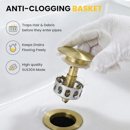 Pop up Bathroom Sink Drain with Overflow, Removable Stainless Steel Hair Catcher, Fits 1.5-1.75", Brushed Gold Stainless Steel Bathroom Sink Stopper for Vanity Vessel Sink Drain Stopper - color: Brushed Gold, style: Big Popup Cap