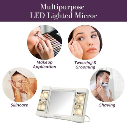 JERDON Lighted Makeup Mirror with 3X Magnification - White - J1010 | Two-Sided 6" x 6" Square Frame, Glare-Free Lighting