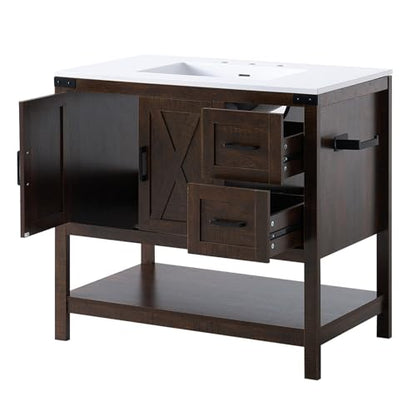 AMERLIFE 36" Brown Farmhouse Bathroom Vanity with Sink and 2 Drawers | Rustic Brown, Single Solid White Integrated Top, Moisture-Resistant MDF, 2 X-Panel Doors, 2 Drawers, Open Shelf, Towel Holder - color: Rustic Brown, size: 36”