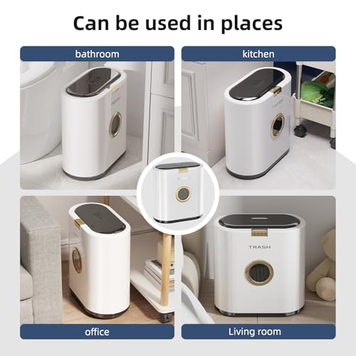 Bathroom Trash can with lid, 3.4 gallon/13 Liter Ultra-Thin Plastic Trash can, Press flip lid Sealed, Suitable for Kitchen, Bedroom, Office, Laundry Room, Toilet, RV (White)