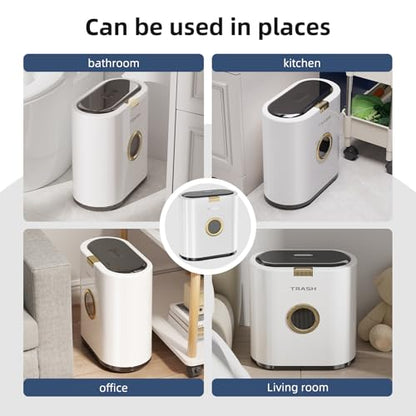 Bathroom Trash can with lid, 3.4 gallon/13 Liter Ultra-Thin Plastic Trash can, Press flip lid Sealed, Suitable for Kitchen, Bedroom, Office, Laundry Room, Toilet, RV (White)