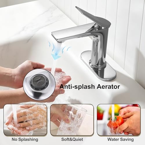 Rbrohant Single Hole Bathroom Faucet, Polished Chrome Single Handle Bathroom Sink Faucets for 1 Hole,Bathroom Vanity Faucet with Pop up Drain and Cover Plate, Deck Mount, R2001-PCP - color: Polished Chrome, style: With Escutcheon