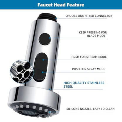 Universal Stainless Kitchen Faucet Head with 15 Adapter Kit, Sliver Chrome | NSF/ANSI/CAN 372 Certified, Compatible with American Standard/Kohler/Moen/Delta, 3 Function Pull Down Sink Faucet Spray Head - color: Chrome