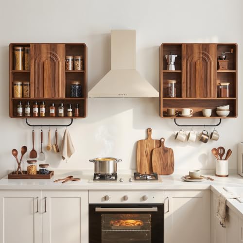 weselon 31.5" Bathroom Medicine Cabinet with Storage, Wall Mounted Over Toilet Cabinet with Towel Bar & 5 Hooks, Arched Fluted Double Doors, Adjustable Shelves & Open Storage (Walnut)