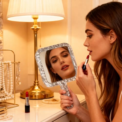 YEAKE Hand Mirror,Double-Sided Handheld 1X/5X Magnifying Mirror with Handle for Makeup, Shaving Mirror with Hole Hanging,Acrylic, 6.1" W x 10" L, Square Shape, Transparent 1 PC - size: 10"L x 6.1"W