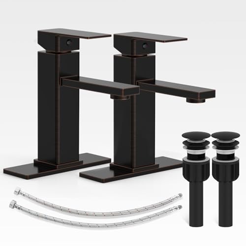 Bathroom Sink Faucet-2 Sets, Oil Rubbed Bronze Bathroom Faucet with Pop-up Drain and 6 Inch Deck Plate, Single Handle for Modern Farmhouse RV Sink (2 Holes) - color: 4.Oil Rubbed Bronze, style: Short*2