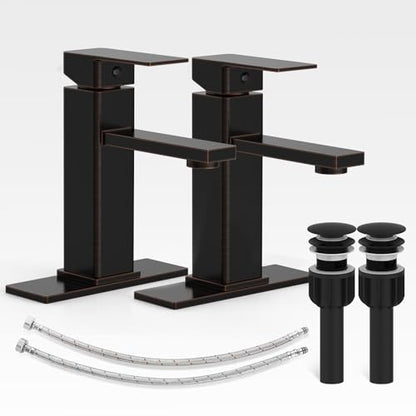 Bathroom Sink Faucet-2 Sets, Oil Rubbed Bronze Bathroom Faucet with Pop-up Drain and 6 Inch Deck Plate, Single Handle for Modern Farmhouse RV Sink (2 Holes) - color: 4.Oil Rubbed Bronze, style: Short*2