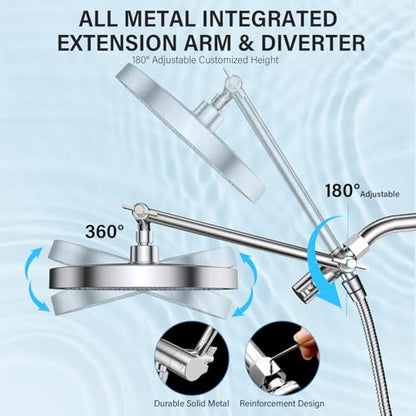 10" High Pressure Rain Shower Head with Handheld Spray Combo | Adjustable Integrated Extension Arm, Detachable Dual Shower Heads with 80" Long Stainless Steel Hose