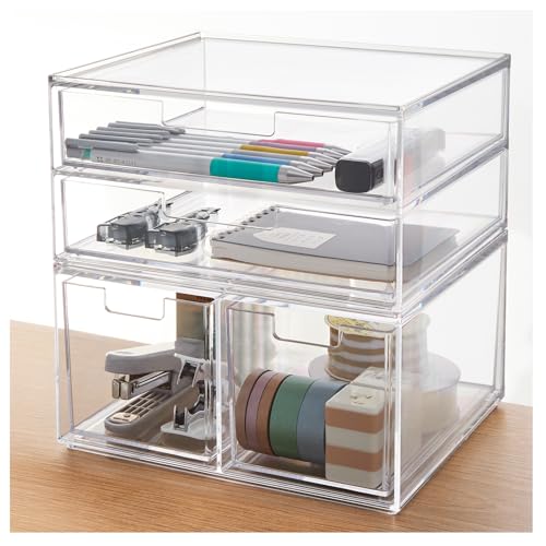 STORi Stackable Desk Organizer Drawers, Clear Pen Pencil Makeup Brush Holder for Desktops and Vanities, 4 Multi-size Drawers (Made in USA) - style: Combo Drawer Set