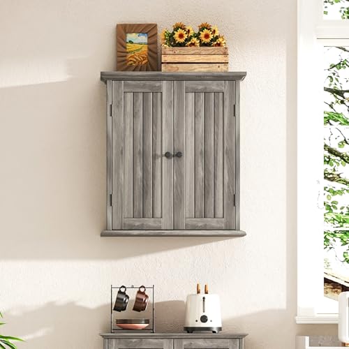 ChooChoo Bathroom Wall Cabinet with 2 Doors, Over The Toilet, Farmhouse | 8.8"D x 21.1"W x 24"H, Medicine Cabinet, Adjustable Shelves, Cupboard, Retro Grey - color: Retro Grey, size: 8.8"D x 21.1"W x 24"H