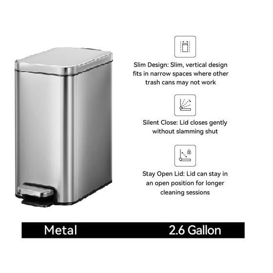 Slim Stainless Steel Trash Can - 2.6 Gallon Step Garbage Bin with Soft Close Lid, Brushed Finish, Narrow Vertical Wastebasket for Bathroom, Bedroom, or Office, Durable Construction and Easy Cleaning