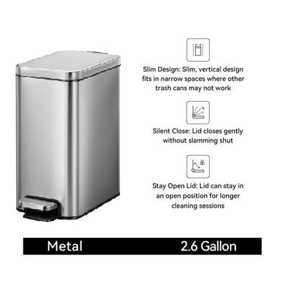 Slim Stainless Steel Trash Can - 2.6 Gallon Step Garbage Bin with Soft Close Lid, Brushed Finish, Narrow Vertical Wastebasket for Bathroom, Bedroom, or Office, Durable Construction and Easy Cleaning