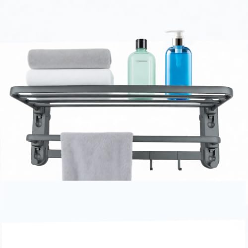 24 Inches Bathroom Shelves Towel Holder Modern Towel Racks for Bathroom Wall Mounted Foldable Towels Shelf Holder with 5 Hooks Double Towels Bar for Bathroom Lavatory Shower Wall (No Drilling)