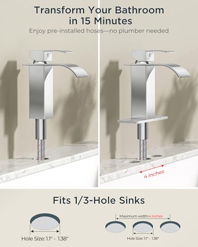 FORIOUS Bathroom Faucet 1 Hole, Waterfall Vanity Sink Faucet Chrome | Bathroom Sink Faucet 1 or 3 Hole, Square Single Handle with 24" cUPC Supply Line and Pop-up Drain, Fits RV Restroom Basin - color: Chrome