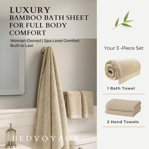 Luxury 3pc Bath Sheet Towel Set, Extra Large Bathroom Towel, 37x70 Viscose Derived from Bamboo & Cotton, Plush, Super Absorbent & Fast Drying, 1 Bath Sheets & 2 Hand Towels - Sand - color: Sand, size: 3pc