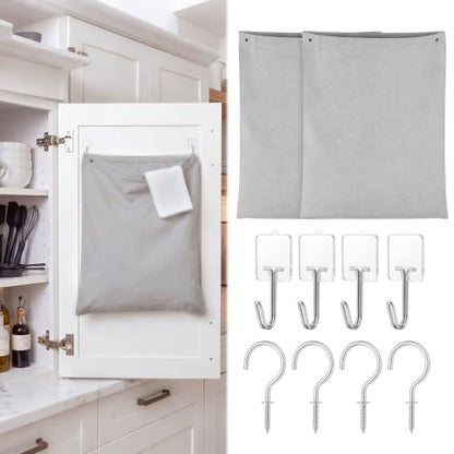Tingjoo 2 Pack Reusable Dirty Rag Storage Bag Grey Cotton Dish Towel Cloth Bag with Hooks Hanging Kitchen Dish Rag Holder for Cabinet Door Organizer and Kitchen Laundry Room Bathroom Storage