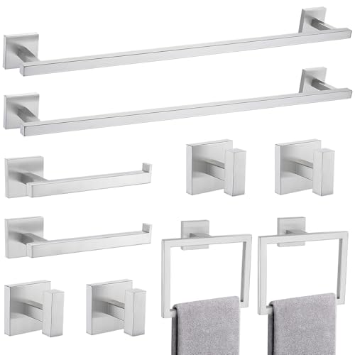 TQKAG Brushed Nickel Bathroom Hardware Accessories Set 10 Pieces, 23.6" SUS304 Stainless Steel Towel Bar Set Wall Mounted Includes Single Towel Bar, Towel Ring, Toilet Paper Holder, Double Towel Hooks - color: Brushed Nickel, size: 10-Pieces Set