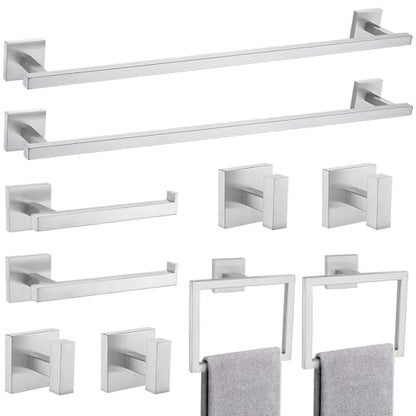 TQKAG Brushed Nickel Bathroom Hardware Accessories Set 10 Pieces, 23.6" SUS304 Stainless Steel Towel Bar Set Wall Mounted Includes Single Towel Bar, Towel Ring, Toilet Paper Holder, Double Towel Hooks - color: Brushed Nickel, size: 10-Pieces Set