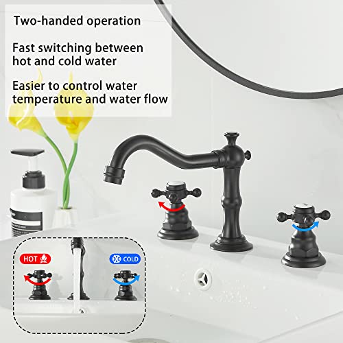 Matte Black Bathroom Faucet 2 Handles 3 Holes Faucet 8 inch Widespread Bathroom Sink Faucet Tap Mixer Supply Hose Included Matching Metal Pop Up Drain - color: Black, style: Ceramic Cover