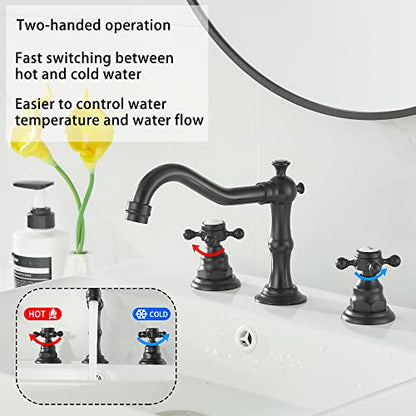 Matte Black Bathroom Faucet 2 Handles 3 Holes Faucet 8 inch Widespread Bathroom Sink Faucet Tap Mixer Supply Hose Included Matching Metal Pop Up Drain - color: Black, style: Ceramic Cover