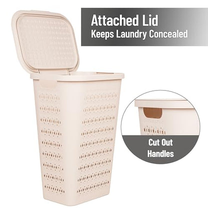 Mind Reader Slim Tapered Laundry Hampers with Lid, Clothes Basket with Swiss Cross Cut-Outs, Lightweight & Ventilated, Plastic, Set of 2, Ivory - color: Ivory