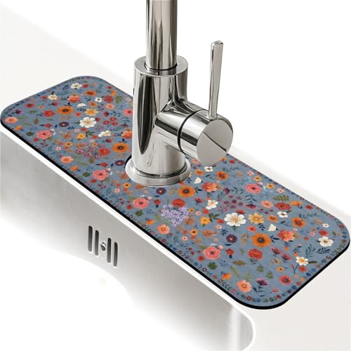 Faucet Fast Absorbent Pad - Boho Wildflower Blue Multi , Suitable For Kitchen, Bathroom, Island And Other Scenes - color: Boho Wildflower Blue Multi