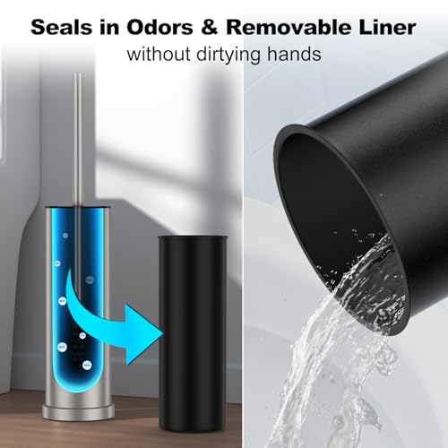 Stain Nickel Toilet Brush and Holder Set，Stainless Steel Heavy Duty Toilet Bowl Brush，Extra Long Handled Modern Toilet Cleaner Brush with Replaceable Head, Removable Inner Bowl, and Splash Protection - color: Stain Nickel, size: 1 Pack