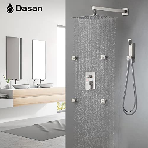 Full Body Rain Shower System with 4 Body Shower Jets & 12" Wall Mount Rainfall Shower Head & Handheld, DASAN Multi Shower Head System Brushed Nickel Rain Shower Faucets sets Combo with Rough-in Valve - color: Brushed Nickel