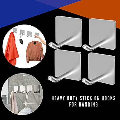 Performore 4 Pack Heavy Duty Wire Adhesive Towel Hook Hanger Wall Stick on Hooks for Hanging Waterproof Stainless Steel for Office Bathroom Kitchen Wall