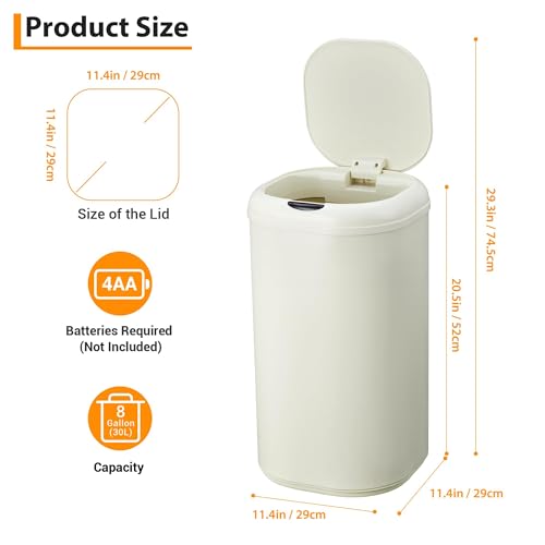8 Gallon Touchless Motion Sensor Trash Can – Automatic Stainless Steel Waste Bin with Lid – 30l Cylindrical Smart Garbage Can for Kitchen, Bathroom, Living Room, Home Office – Beige
