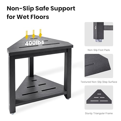 Shower Foot Rest 14in, HDPE Waterproof Corner Shower Stool for Shaving Legs with Storage Shelf for Inside Small Shower Spaces, Bathroom Step Stool, Easy Assembly