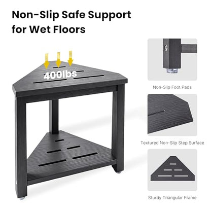 Shower Foot Rest 14in, HDPE Waterproof Corner Shower Stool for Shaving Legs with Storage Shelf for Inside Small Shower Spaces, Bathroom Step Stool, Easy Assembly