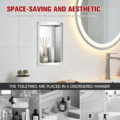 VELPAX No Tile Needed Shower Niche 13"X 19", Bathroom Wall Niche Single Shelf, Stainless Steel Shower Niche for Bathroom, Kitchens, Balconies - color: Silver, size: 13"X 19" Single Shelf