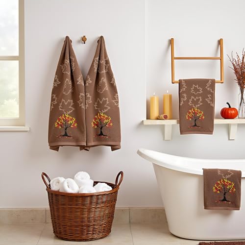 2 Pack Fall Hand Towel Jacquard Embroidered Cotton Kitchen Towels Farmhours Thankful Bath Towels Set Thanksgiving Bathroom Decor (Brown Tree of Life, 2*Hand Towel) - color: Brown Tree of Life