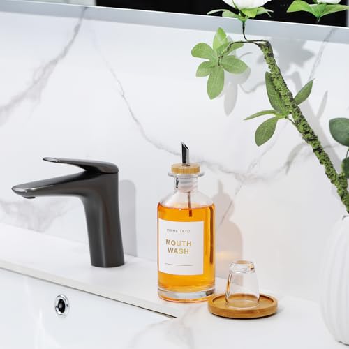 11.8OZ Glass Mouthwash Dispenser, Clear | Stainless Steel & Bamboo Nozzle, Reusable Mouthwash Cup, Bamboo Tray, Elegant Gold Sticker - color: Clear/350*1