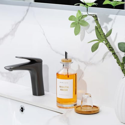 11.8OZ Glass Mouthwash Dispenser, Clear | Stainless Steel & Bamboo Nozzle, Reusable Mouthwash Cup, Bamboo Tray, Elegant Gold Sticker - color: Clear/350*1