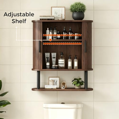 Fluted Bathroom Wall Cabinet, Wall Mounted Medicine Cabinet with Sliding Tambour Door & Adjustable Shelf, 3-Tier Over the Toilet Storage Cabinet for Laundry Room, Kitchen, Walnut - color: Walnut