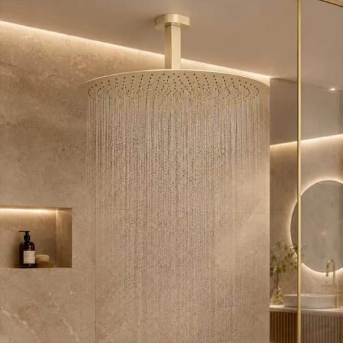 16 Inch Rainfall Shower Head, BSTIIU Stainless Steel Round Shower Head, Extra Large Ceiling Mount Shower Heads, Brushed Gold - color: Brushed Gold, size: 16-Inches, style: Round