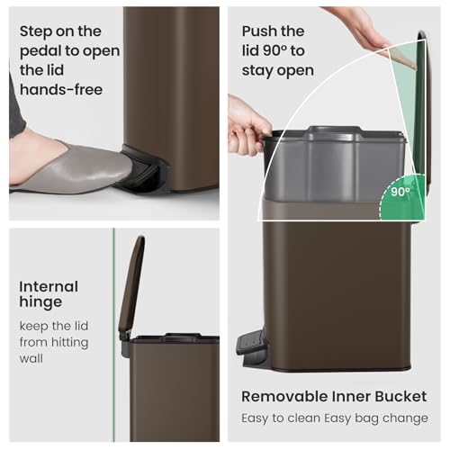 Cesun Small Bathroom Trash Can with Lid, 1.6 Gal, Soft Close, Brown | Step pedal soft close, Slim 5.9in fits narrow spaces, Stainless steel, Anti-fingerprint, Removable inner bucket, Odor seal - color: Brown